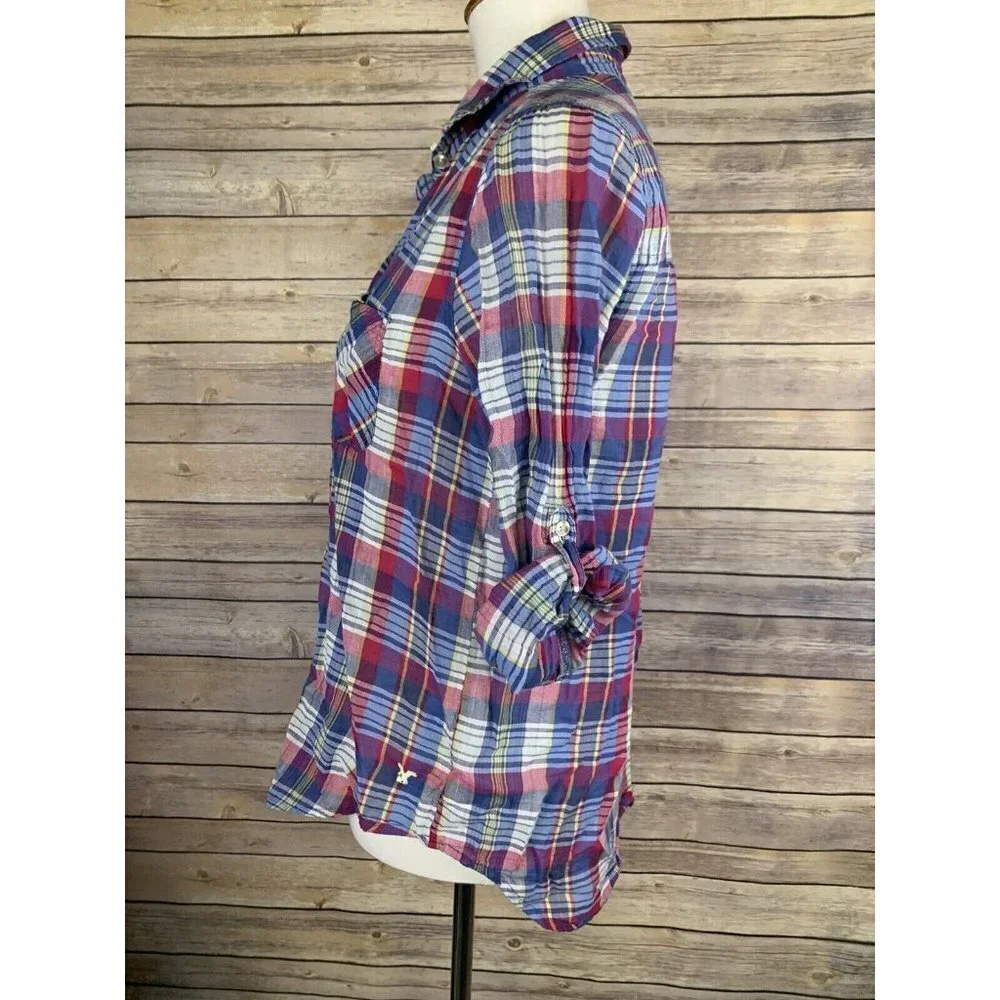 American Eagle Womens M Vintage Boyfriend Plaid Top Button Front Tabbed Sleeves - Picture 4 of 10